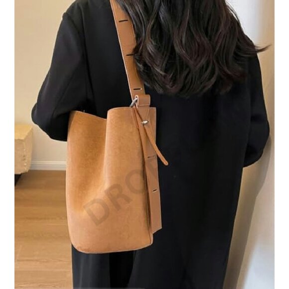 Vegan Leather Suede Bucket Hobo Tote Y2K Chic Casual Shoulder Bag - Picture 5 of 8